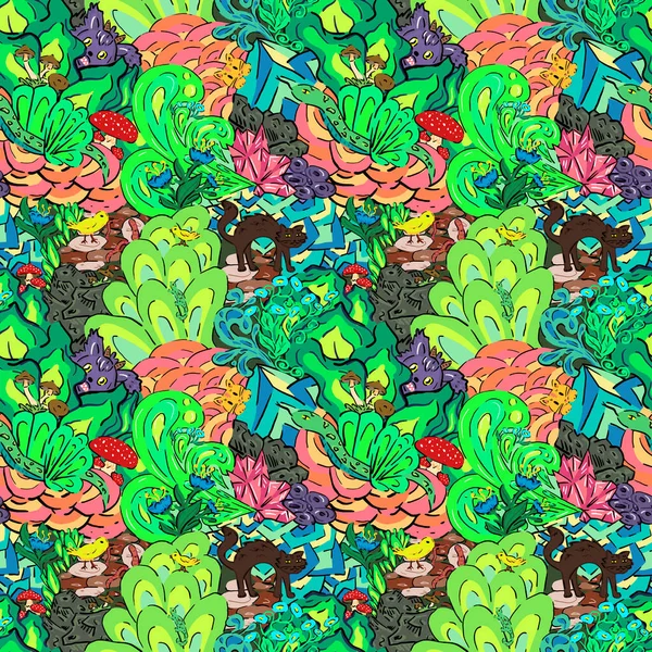 Seamless pattern with many elements and animals. The patterns of plants and animals are intertwined and hand-drawn. 