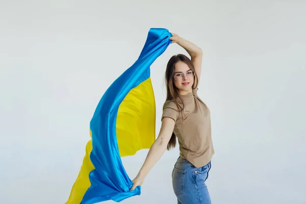 Beautiful Young Woman Flag Ukraine White Background — Stockfoto