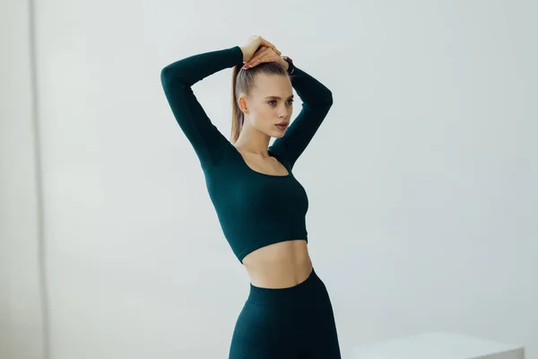 Portrait Young Woman Stretching Hands Gym — 스톡 사진