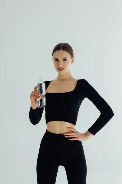 Slim Attractive Woman Sportswear Drink Water Workout White Isolated Background Стоковое Изображение