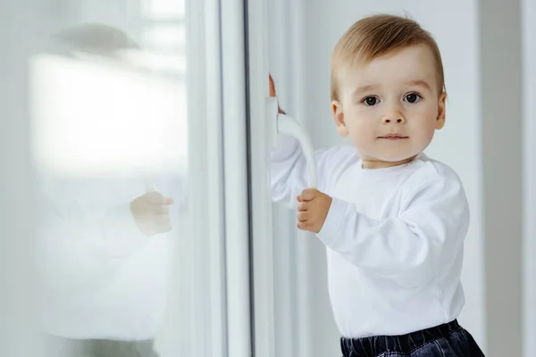 Portrait White Caucasian Child Boy Home Looking Out Window — Stock Photo, Image