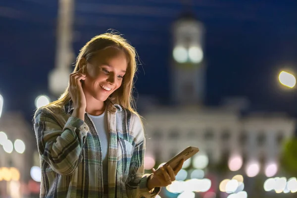 Young Pretty Woman Dancing Street Smartphone Heaphones Stock Picture