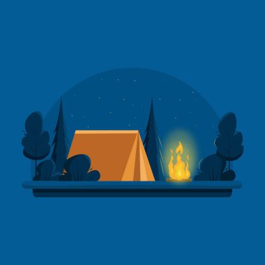 Kamp yapmak. Şenlik ateşinin yanında turuncu çadırı olan gece manzarası. Yaz kampı afişi, doğa turizmi, kamp, yürüyüş, yürüyüş vs. Düz biçimli vektör illüstrasyonu.