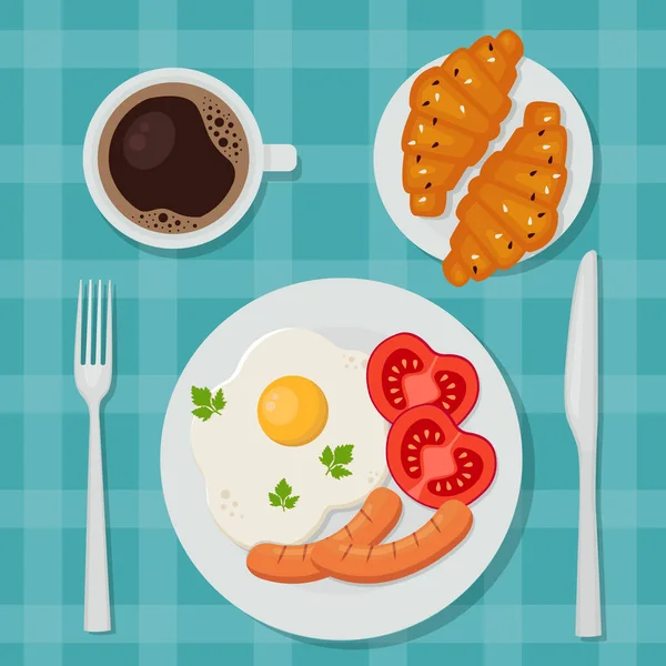 Lezzetli Kahvaltı Kızarmış Yumurta Kahve Kruvasan Yukarıdan Bak Düz Biçimli — Stok Vektör