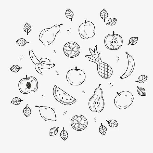 El çizimi meyve seti. Beyaz arkaplanda karalama stili çiz. Sette elma, armut, şeftali, ananas, kayısı, karpuz, limon, portakal, muz gibi ikonlar yer alıyor. Vektör illüstrasyonu.