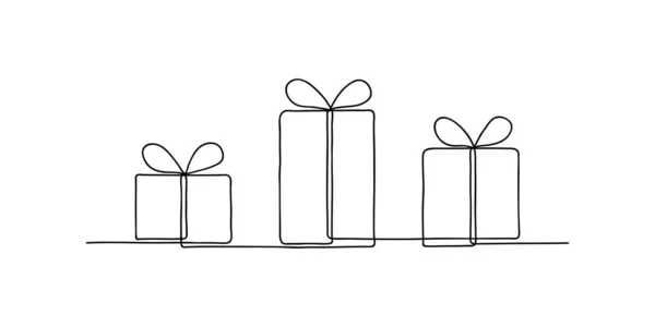 Kurdele ve oklavalı hediye kutusu. Noel, doğum günü ve diğer tatiller için hediye. Vektör çizimi. Sürekli bir çizgi çiziyor. Çizgi Sanat. Minimalizm.