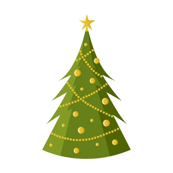 Noel ağacı. Yılbaşı ve Xmas geleneksel çelenkleri, topları ve yıldızları olan geleneksel sembol ağacı. Beyaz arkaplanda izole edilmiş düz biçimdeki vektör illüstrasyonu.