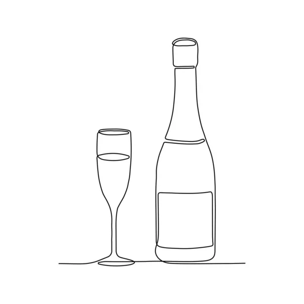 Шампанское Бутылка Игристого Вина Бокал Векторная Иллюстрация Непрерывный Рисунок Одной — стоковый вектор