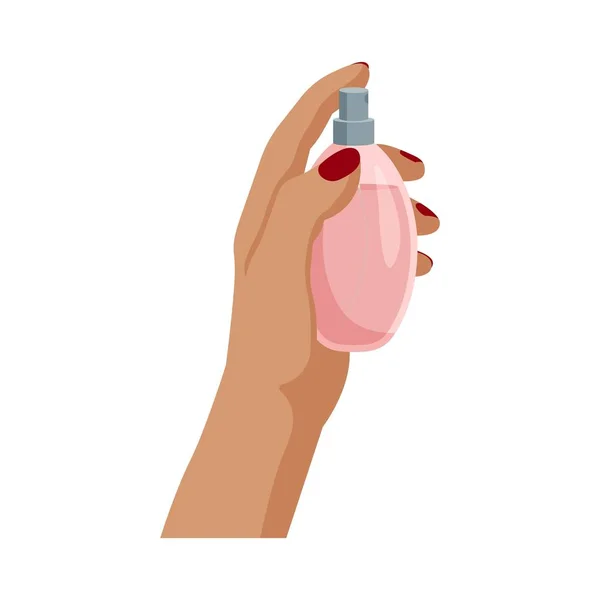 Kadının eli bir şişe parfüm tutuyor. Eau de Toilette 'de. Vektör illüstrasyonu beyaz arkaplanda izole edildi.