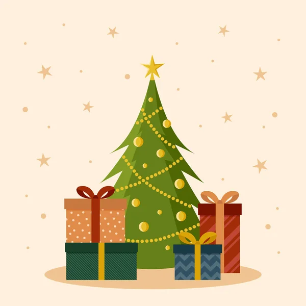 Çelenkler, toplar, yıldızlar ve renkli hediye kutularıyla süslenmiş Noel ağacı. Noel kartı. Çizgi film düz stiliyle vektör illüstrasyonu.