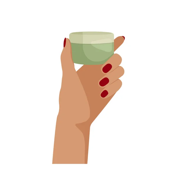 Female hands is holding a moisturizer cream. Cosmetic product in a jar. Vector illustration in a flat style.