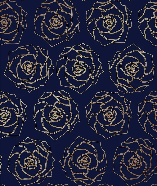 Güller pürüzsüz desen. Koyu mavi arka planda altın renkli güller. Tasarım, tekstil, kumaş, dekor, ambalaj kağıdı, kapaklar, web arkaplanı vs. için el çizimi vektör çizimi.