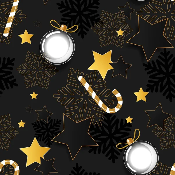 Yeni yıl ya da noel aralıksız. Siyah arka planda altın bir element. Noel balosu, altın yıldızlar, kar tanesi.