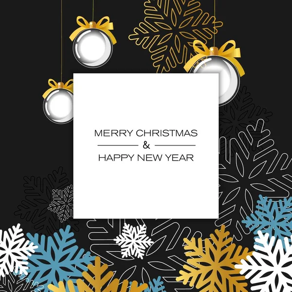 Boldog Karácsonyt Évet Meghívó Kártya Hópihe Játékok Fekete Alapon — Stock Vector