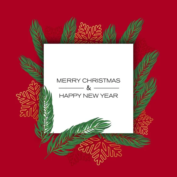 Boldog Karácsonyt Újévet Meghívó Hópelyhekkel Karácsonyfával Piros Alapon — Stock Vector