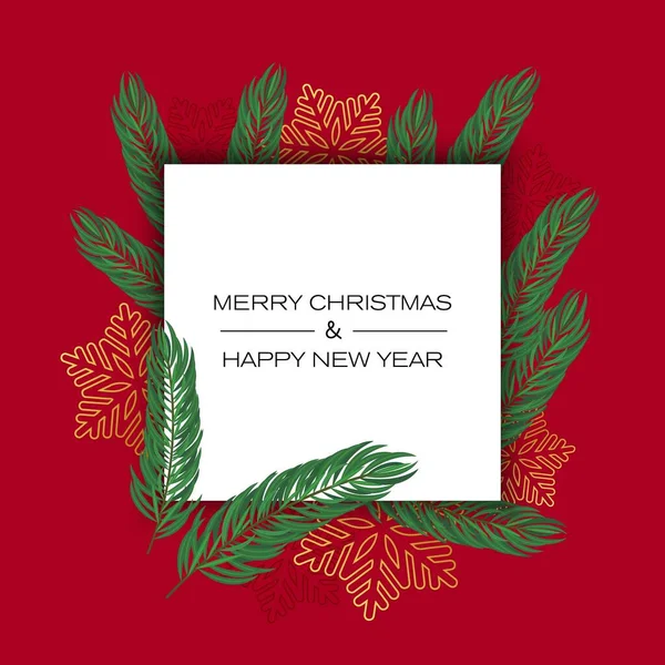 Mutlu Noeller ve yeni yıl davetiyeleri. Kırmızı arka planda kar tanesi ve Noel ağacı var.