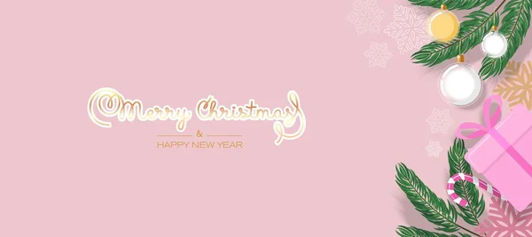Boldog Karácsonyt Szilvesztert Vízszintes Háttér Cukorka Rózsaszín Ajándékdobozzal Üveggolyók Lógnak — Stock Vector