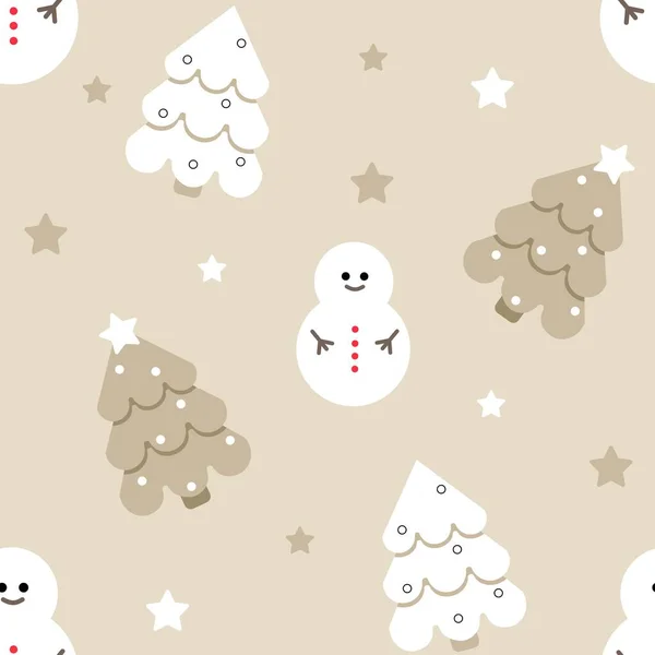 Snowman Spruce Stars Beige Background Christmas Seamless Pattern — Stock Vector