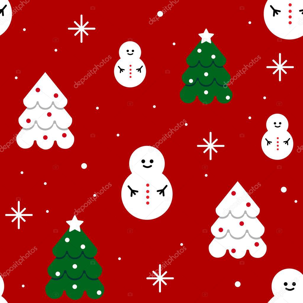 Snowman and spruce on a red background. Christmas seamless pattern.