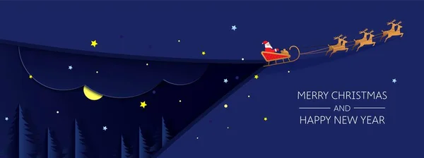 圣诞快乐 新年快乐 说明森林里的冬夜和天上的圣诞老人 数码工艺风格 — 图库矢量图片