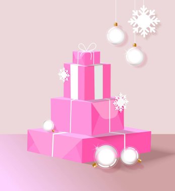 Noel illüstrasyonu. İçinde Noel oyuncakları ve kar taneleri olan pembe hediye kutusu..