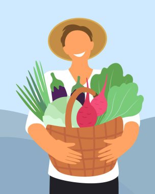 Sebzeli sepet tutan mutlu bir erkek çiftçi. Çizgi film tarzında vektör illüstrasyonu