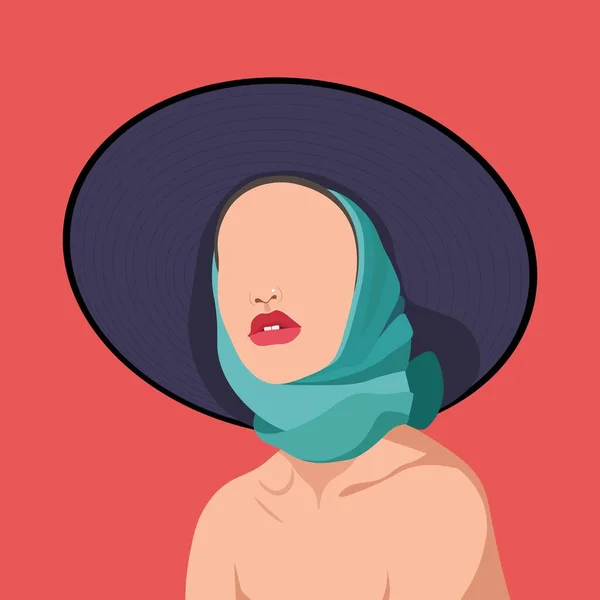 Stylish Woman Navy Hat Red Background Vector Illustration Flat Portrait — Image vectorielle