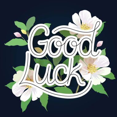 Donanma arka planında beyaz manolya çiçekleri olan mektuplarda iyi şanslar. Vektör illüstrasyonu