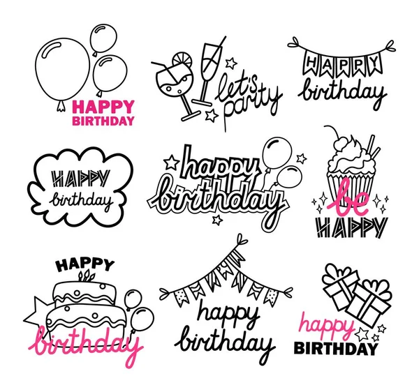 Happy Birthday Icon Set Line Logo Lettering Vector Illustration — Stock Vector