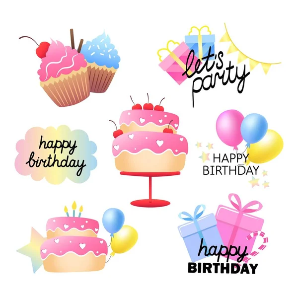 Color Icon Set Birthday Cake Balloon Box Lettering Your Design — Stock Vector