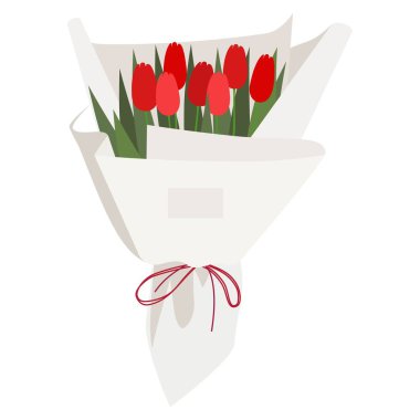 Floral vector bouquet with red tulips in white paper