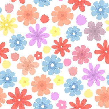 Seamless pattern with colorful flowers on a white background.