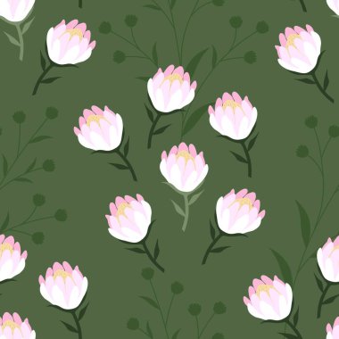 Seamless vector pattern with colorful protea flowers on a green background