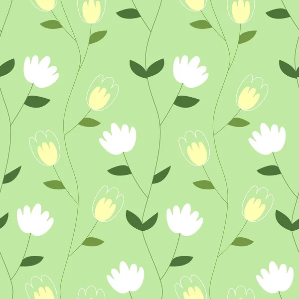 Vektornahtloses Muster Mit Weißen Blüten Und Blättern Auf Hellgrünem Hintergrund — Stockvektor
