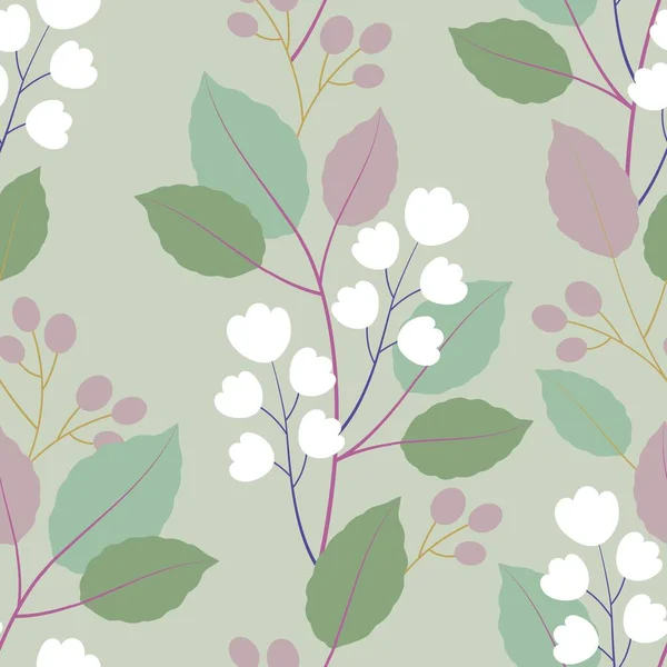 Handgezeichnetes Nahtloses Muster Mit Weißen Blüten Und Blättern Auf Hellgrünem — Stockvektor