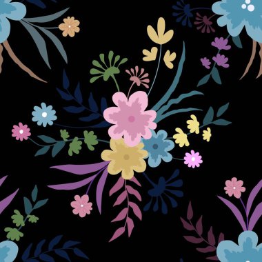 Siyah arka planda renkli bir buket çiçek. Vektörsüz desen