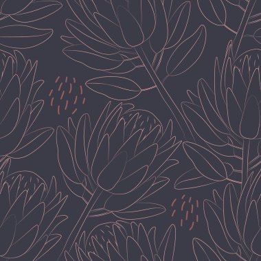 Koyu mavi arka planda Protea çiçekleri. Vektör çizimi. Kusursuz vektör deseni