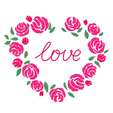 Beyaz bir arka planda yalıtılmış gül şeklinde bir çelenk şeklinde aşk metni..