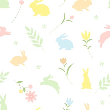 Yazı arkaplanda sevimli çiçekleri olan renkli tavşanlar. Kusursuz vektör deseni.