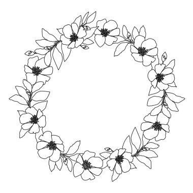 Manolya çiçekli çiçek çelengi. Çizgi çizimi beyaz arkaplanda izole edildi.