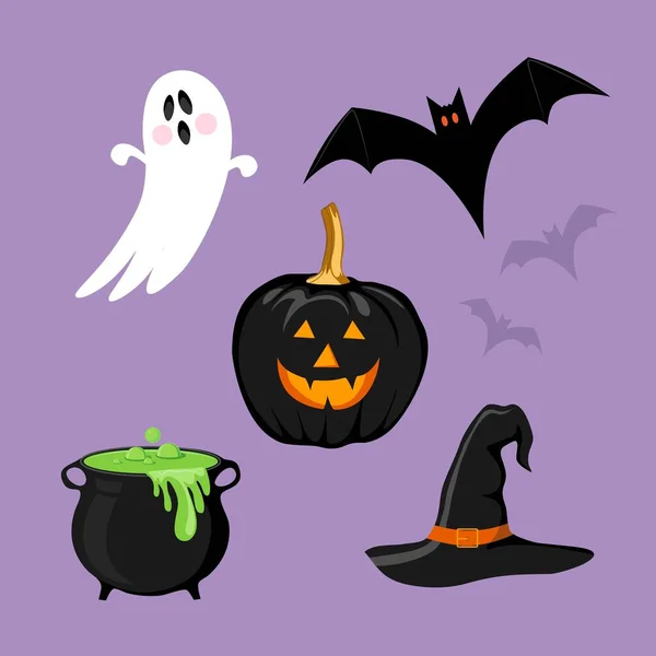 Set Von Halloween Symbolen Auf Violettem Hintergrund Vektorillustration — Stockvektor