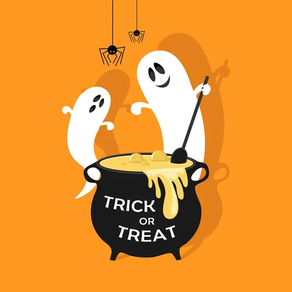 Illustrazione Halloween Fantasmi Con Calderone Sfondo Arancione — Vettoriale Stock
