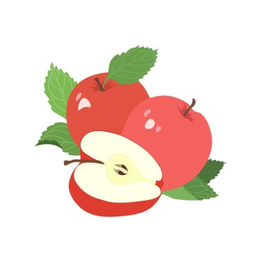 Beyaz arka planda yaprakları olan elmalar. Vektör illüstrasyonu