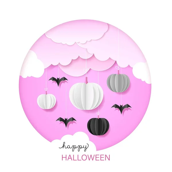 Halloween Lapos Illusztráció Papír Vágott Tök Denevérek Rózsaszín Alapon — Stock Vector