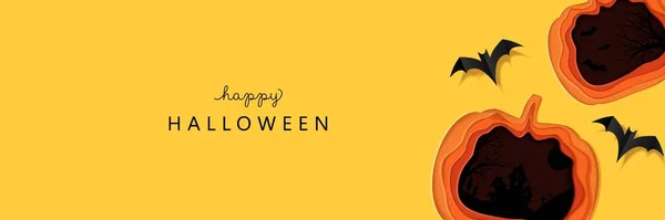 Boldog Halloween Háttér Papír Vágott Tök Denevérek Vektorillusztráció — Stock Vector