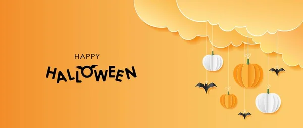 Boldog Halloween Narancs Banner Vagy Party Meghívó Háttér Felhők Denevérek — Stock Vector