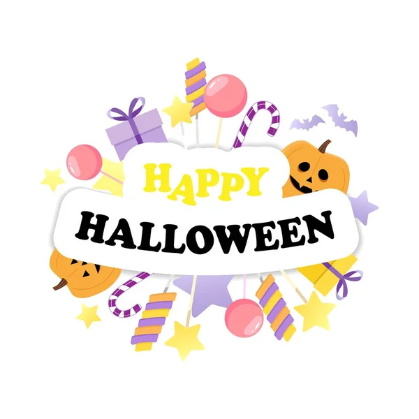 Boldog Halloween Szöveget Háttérben Cukorka Kártyára Logóra Meghívóra Vektorillusztráció — Stock Vector