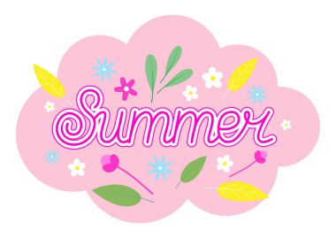  Pembe bulutlu arka planda çiçekli yazılar. Vektör İllüstrasyonu