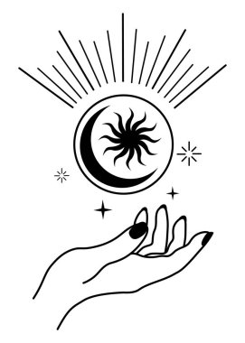 Göksel tarzda kompozisyon. Güneş, el, ay, tek renkli yıldızlar..