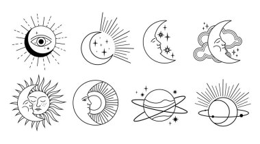 Kara Ay simgeleri belirlendi. Beyaz arkaplanda izole edilmiş göksel sembol.